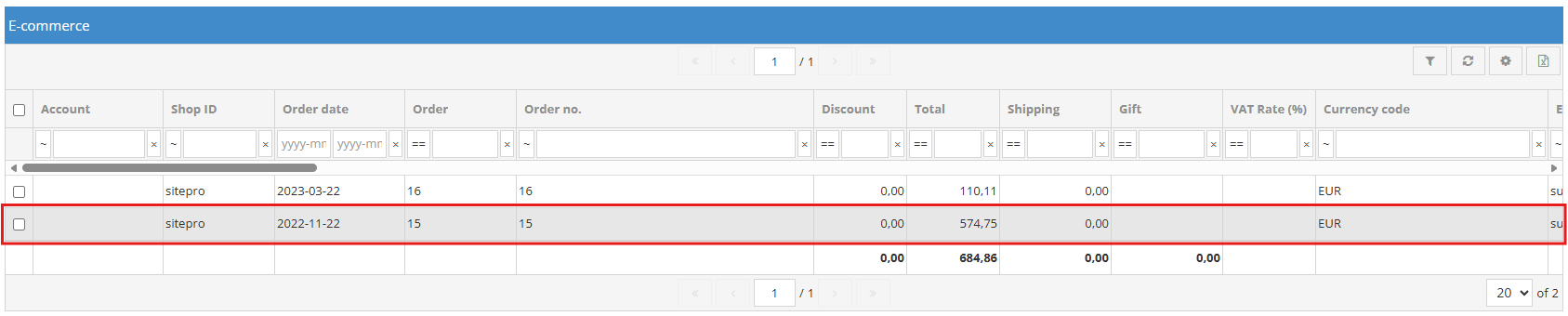 E-commerce module order list view